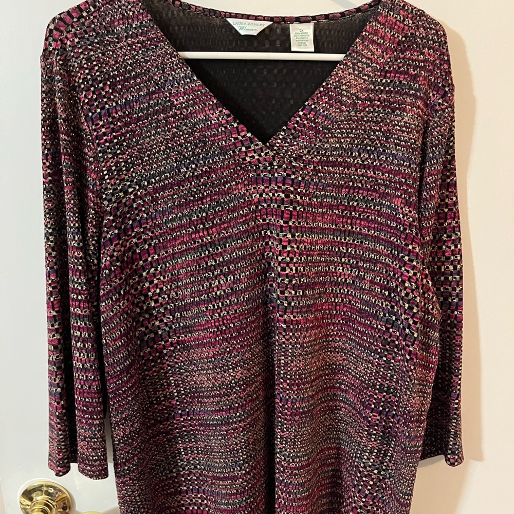 Laura, Ashley, women 2X Multicolor V-Neck Long Sleeve Top